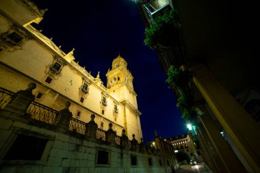Aydınlatılmış Katedral de Jaen muhteşem mimarisini açık mavi gökyüzüne karşı sergiliyor. Çevredeki sokaklar sessiz, yapının güzelliğini vurguluyorlar..