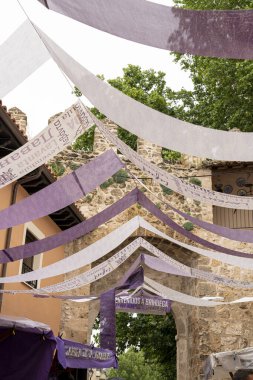 Lavanda Festivali sırasında Brihuega 'nın tarihi sokaklarının üzerinde renkli afişler ve madalyalar asılı. Ziyaretçiler güzel kokulu atmosferin tadını çıkarıyorlar ve İspanya 'daki lavanta hasadını kutluyorlar..