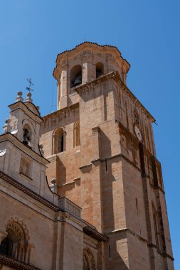 Colegiata de Santa Maria la Mayor de Toro 'nun çarpıcı manzarası, açık mavi gökyüzünün altındaki karmaşık taş işçiliğini ve yüksek yapısını gözler önüne seriyor. Bu simge zengin tarihi mimariyi temsil ediyor..