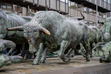 Heykel, Pamplona 'nın kültürel şenliklerini vurgulayan dinamik bronz boğa ve figürlerin yer aldığı ünlü San Fermin boğa koşusunu tasvir ediyor..