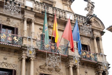 İspanya ve Navarra 'nın renkli bayrakları Pamplona' daki zarif belediye binasını süslüyor. Karmaşık taş işçiliği ve şenlikli dekorasyonlar, yerel mirası kutlamak için canlı bir atmosfere ekleniyor..