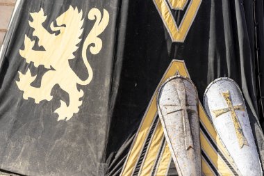 Madrid, İspanya 'daki ortaçağ fuarında titizlikle tasarlanmış kalkanların yanında süslü bir savaş çadırı da yer alıyor. Canlı atmosfer, her yaştan ziyaretçileri cezbeden tarihi canlandırmaları yakalıyor..