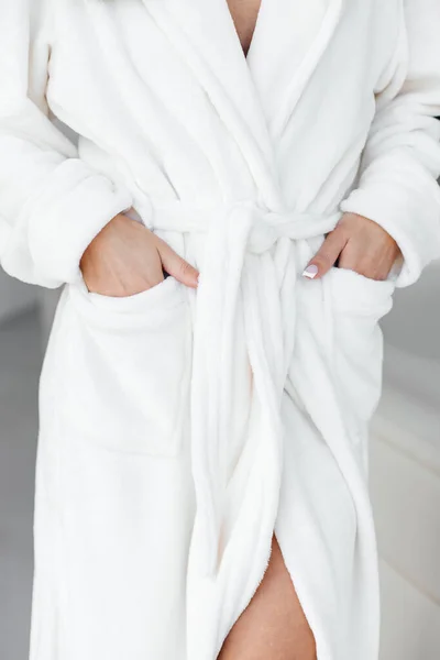Picture Girl Looking Side White Bathrobe Standing Bath Room Large — Stock Photo, Image