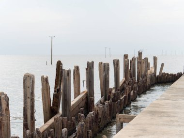 Tayland 'ın Samut Prakan ilindeki Wat Khun Samut Chin' de daha fazla erozyonu önlemek için bariyer. Wat Khun Samut Chin, Tayland Körfezi 'nde, erozyon sonrası çevresindeki köyü yok eden bir köydür. Kaybolan elektrik direkleri.