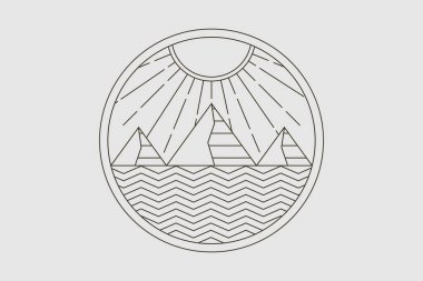 Dağlardan, deniz dalgalarından, güneşten ve aydan oluşan minimalist bir klasik logo, doğanın zamansız güzelliğini temsil ediyor.