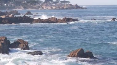 Rocky sarkık okyanus plajı, kıyıya vuran büyük deniz dalgaları, Monterey 17 mil sürüş, Kaliforniya, ABD. Sahil kıyısı Pasifik Korusu 'nda su sıçraması, deniz manzarası, kusursuz döngü sineması..