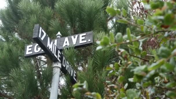 風光明媚な17マイルの木製の道路標識 モントレー半島 ビッグサー カリフォルニア州 米国を駆動します 海岸道路の旅 ヒノキの森 太平洋岸高速道路の観光ルート ヒッチハイキング旅行 休暇中のエコツーリズム — ストック動画