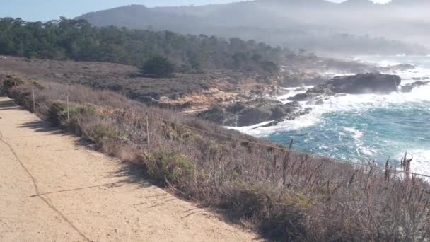 落基陡峭的海滩 洛沃斯角风景 加利福尼亚海岸 巨大的海浪冲刷在悬崖上 蒙特里自然附近的大苏尔 17英里的车程 雾蒙蒙的天气 — 图库视频影像