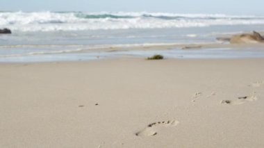 Kumda ayak izi ya da ayak izi, Kaliforniya sahilinde okyanus dalgaları çarpışması. Deniz suyu, yaz estetiği, sahilde yaz tatili, kaçış ortamı. Deniz manzarası ve ayak izleri odak noktasında.