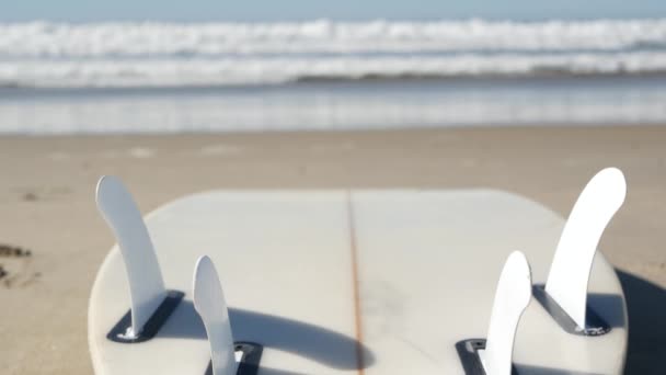 美国加利福尼亚海岸海滩沙滩上冲浪的冲浪板 海浪和白浪冲浪板或冲浪板 水上水上康体用的长板或水槽 无缝线环路电影图 — 图库视频影像