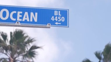 Kaliforniya, ABD 'de, kavşakta Ocean Street tabelası var. Los Angeles yakınlarındaki rıhtım turizm merkezi, deniz kıyısındaki yaz tatilleri için gidilecek yer. La Jolla 'da kıyı palmiyeleri.