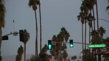 Palm Springs Caddesi 'ndeki palmiye ağaçları, Los Angeles yakınlarındaki şehir, kavşaktaki semafor trafik ışığı. California yaz gezisi arabayla, Amerika seyahati. Yol tabelası, Hint Kanyonu, alacakaranlık gökyüzü, gün batımından sonra alacakaranlık