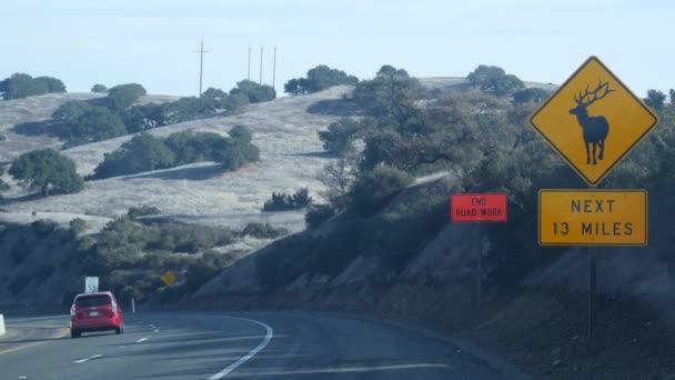Deer Crossing Warning Yellow Sign California Usa Wild Animals Xing — Stock Video