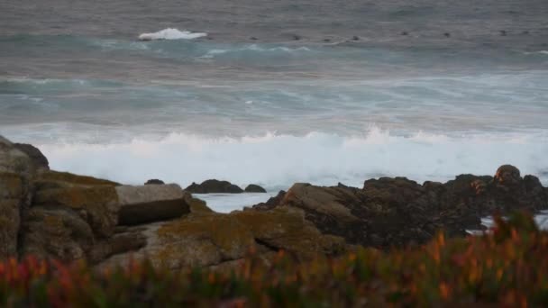 Rotsachtige Grillige Stille Oceaan Kust Zee Water Golven Crashen Rotsen — Stockvideo