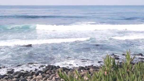Ondas Oceânicas Batendo Praia Superfície Água Mar Cima Penhasco Bluff — Vídeo de Stock