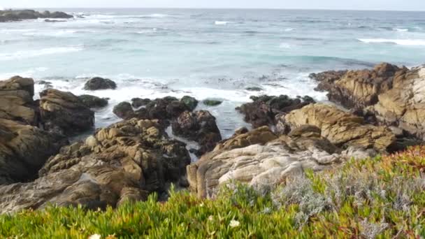 Γραφική Διαδρομή Μιλίων Μοντερέι Καλιφόρνια Ηπα Βραχώδης Ωκεανός Κύματα Θαλασσινού — Αρχείο Βίντεο
