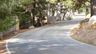 17 millik manzaralı yol, Monterey yarımadası, Kaliforniya, ABD. Selvi ağacı ormanları, kozalaklı çam ağaçları, koruluklar ve ormanlar arasında yol gezisi. Pasifik kıyısı otoyolu Big Sur yakınlarında turizm rotası