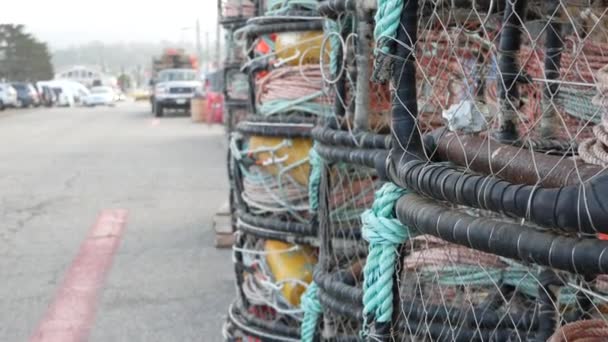 Fallen Seile Und Käfige Auf Seebrücke Handelsdock Fischereiindustrie Monterey California — Stockvideo