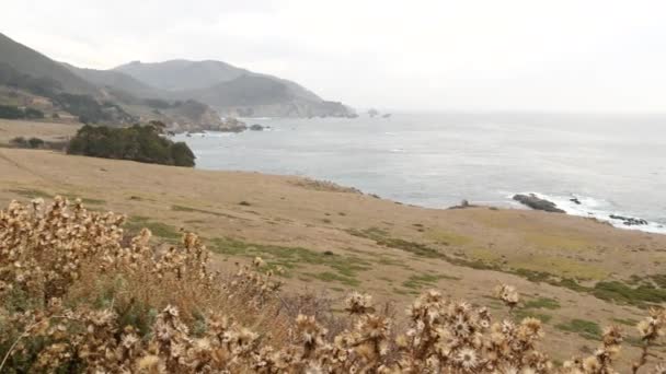 Bixbyクリーク橋 岩だらけの険しい海 崖や急な崖 霧の霧の天気 ビーチで海の水の波 カリフォルニアの風景 ビッグサー自然 太平洋岸高速道路1 キャブリロ風光明媚な道路 — ストック動画