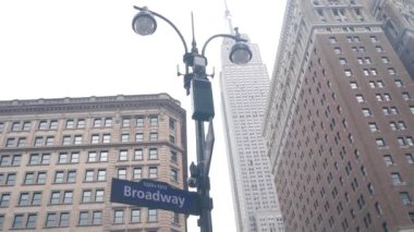 New York Şehri kavşağı, yol kavşağı tabelası. Empire State binası, Midtown bölgesi, Broadway, 34, NYC, ABD. Yükselen gökdelen mimarisi, Bway köşe metin yol işareti.