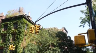 New York City Irving caddesi kavşağı, trafik ışığı. Mimarlık. Çatı su kulesi, tank. Kırmızı tuğlalı ev, Manhattan, ABD. Yeşil köşe, sarmaşık bitkisi, yapraklarla kaplı duvar..