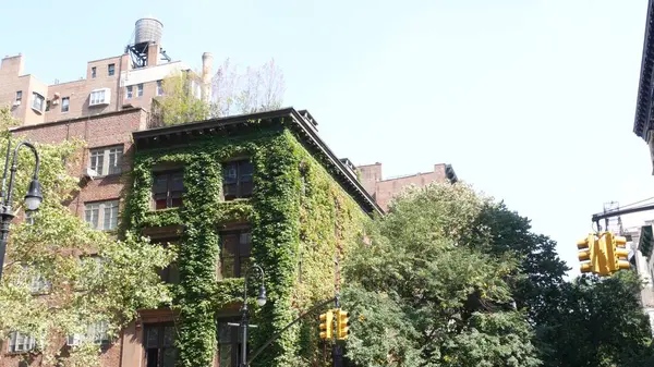New York City klasik bina köşe mimarisi. Şehir dışındaki konutlar. ABD 'de gayrimenkul. Tipik tuğla cephe, Irving Pl, Manhattan Midtown. Çatıdaki su kulesi. Yeşil Duvar.