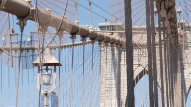 Brooklyn Köprüsü 'nden Manhattan' a, kablolar ve mavi gökyüzü. New York City silueti, finans bölgesi şehir manzarası. Dünya Ticaret Merkezi, ABD seyahat merkezi. Amerika Birleşik Devletleri Mimarisi.