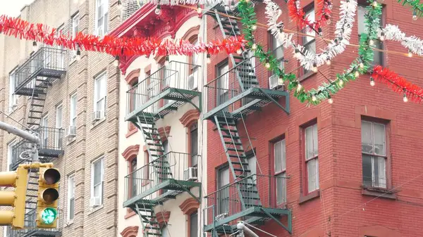 stock image New York City Little Italy ethnical district decoration. Manhattan classic red brick building architecture. Italian decor and residential houses near Grand and Mulberry street. American immigration.