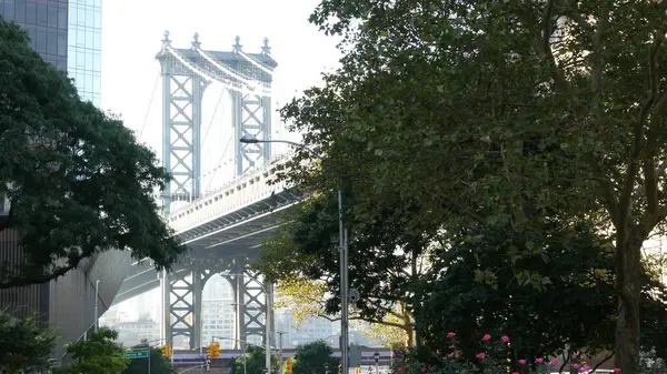 stock image Manhattan Bridge to Brooklyn Dumbo. New York City symbol, USA travel destination. Architecture of United States of America, tourist landmark. Cable-stayed bridge from Two Bridges district, Manhattan.