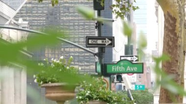 Beşinci cadde, 5 ave yolu tabelası, Manhattan şehir merkezi mimarisi, New York 5 av, 42 sokak köşesi Bryant Park ve Kütüphane. Trafik kavşağı tabelası, ABD. Çiçekler açar.