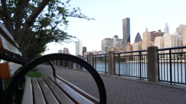 New York şehri kıyısı silueti, Manhattan şehir merkezi binaları, nehir kıyısındaki gökdelenler, doğu nehri suyu. Roosevelt Adası 'ndan deniz kenarı manzarası. Birleşik Devletler mimarisi ve gayrimenkul.