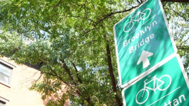 Bisiklet şeridi tabelası, Brooklyn Heights sokağı, New York. Manhattan Köprüsü bisiklet yolu, bisiklet yolu. Bisikletçiler yeşil yol işareti, ağaçlar. Eğlence amaçlı spor faaliyeti altyapısı, Birleşik Devletler.