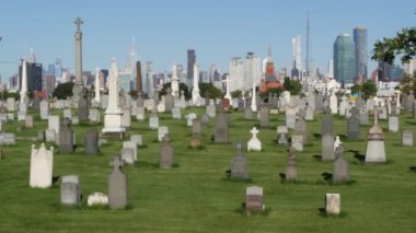 New York, ABD - 14 Eylül 2023: ABD 'deki Calvary Mezarlığı. Manhattan şehir merkezi siluet şehir mimarisi. Mezar taşları, büyük mezarlıklar. Geniş mezarlık çimenleri.