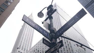 New York City crossroad, street intersection road sign on post. Chrysler building, Midtown district, Lex av, NYC, United States. Highrise skyscraper architecture, Lexington avenue corner text roadsign clipart