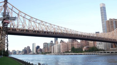 New York City rıhtımı, Queensboro Köprüsü, Manhattan Midtown binaları, nehir manzaralı gökdelenler. Roosevelt Adası 'ndan deniz kenarı manzarası. Birleşik Devletler mimarisi ve gayrimenkul.