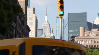 New York City street crossroad, yellow traffic light, transport road intersection, United States architecture. Empire State Building, american flag, Union Square. Manhattan Midtown district. Taxi cab. clipart