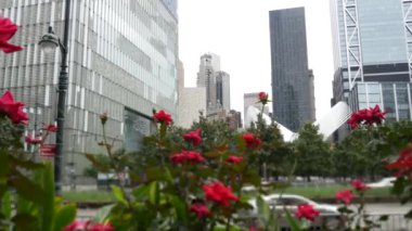 New York City Aşağı Manhattan Finansal Bölge sokak mimarisi, Birleşik Devletler. Bir Dünya Ticaret Merkezi gökdelen binası, ABD. Amerikan şehir parkı. Özgürlük Kulesi 'nin yanındaki 911 Anıt Havuzları.