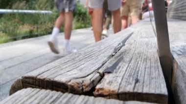 New York City High Line Greenway 'i yükseltti, Manhattan Midtown, ABD. Şehir parkındaki insanlar. Bahçedeki yeşillikte gezinti. Amerikan sokak hayatı, Hudson Yards yakınlarında Chelsea Highline. Tahta bank..