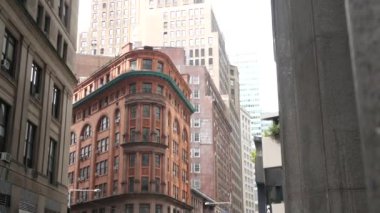 New York City Aşağı Manhattan, Downtown Finans Bölgesi mimarisi, Birleşik Devletler. Restoran binası, William Caddesi, Beaver Caddesi, ABD. Amerikan şehir sokağı, kırmızı tuğlalı ev.