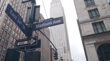 New York Şehri kavşağı, yol kavşağı tabelası. Empire State Binası, Midtown Bölgesi, Madison Bulvarı, 34, NYC, ABD. Yükselen gökdelen mimarisi, köşe metin yol işareti.