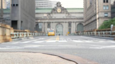 New York City Grand Central Terminal railway station building architecture, 42 street. Manhattan Midtown. Yellow taxi cab, car transport, Pershing Square bridge, NYC, USA. American urban road traffic. clipart