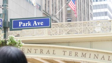 New York City Grand Central Terminal, 42 street, Park Avenue, Pershing Square bridge architecture. Midtown district railroad hub, railway transport. American flag, NY crossroad, intersection road sign clipart