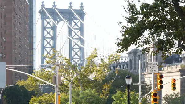 stock image Manhattan Bridge to Brooklyn Dumbo. New York City symbol, USA travel destination. Architecture of United States of America, tourist landmark. Cable-stayed bridge from Two Bridges district, Manhattan.