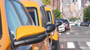 New York, Birleşik Devletler - 1 Eylül 2023: Queens caddesinde sarı taksi durakları. Long Island Bulvarı 'nda taksi. Madalyon taksi. Manhattan şehir merkezi siluet şehri. Yüksek binalar
