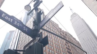 New York Şehri kavşağı, yol kavşağı tabelası. Empire State Binası, Midtown Bölgesi, Madison Bulvarı, 34, NYC, ABD. Yükselen gökdelen mimarisi, köşe metin yol işareti.