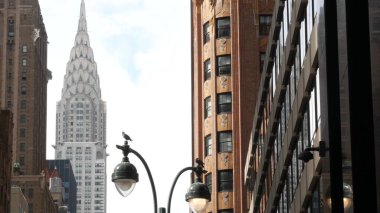 New York City Manhattan Midtown architecture. Chrysler building on 42 street, high-rise skyscraper, USA. American urban cityscape, NYC tower, United States. Lex Lexington avenue. Lantern, pigeon birds clipart