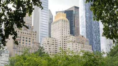 New York Şehri Manhattan Midtown. 5. Cadde 'deki Central Park, ABD. Amerika 'nın simgesi, NYC, ABD' deki şehir parkı. 59 caddedeki bahçe ağaçlarının oradaki bina mimarisi..