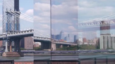 New York City Manhattan Köprüsü 'nden Brooklyn Dumbo' ya. Hudson Yardının binaları camdan yansıyor, ABD. Rıhtım borsasının çatısında. Amerika Birleşik Devletleri, East River nehri kıyısında bir yere gidiyor. İkamet bölgesi