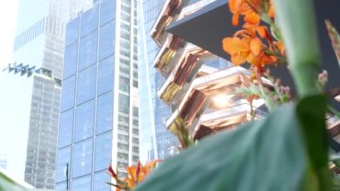 New York, Birleşik Devletler. Hudson Yards şehir mimarisi Chelsea, New York Manhattan Midtown, ABD 'de. Amerikan sanat eserleri ve çiçekler çiçek açar. Bahar ya da yaz çiçekliği. Yeşillik ve modern binalar