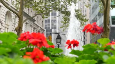 New York City Aşağı Manhattan, Downtown Finans Bölgesi mimarisi, Birleşik Devletler. Broadway caddesinde yüksek binalar, ABD. Amerikan şehir manzarası, Bowling Green Park, NYC 'de çeşme. Çiçekler..